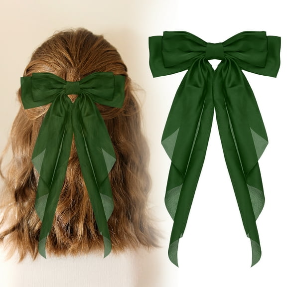 Uxcell Large Bowknot Hair Ribbon Barrette, Hair Bows Oversized Clip Long Tails - Fitting for (Party - Wedding - Birthday - Gift - Clip Accessories - Women) 14.17 Inch & Satin & Green