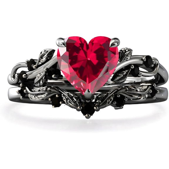 Rag Jewels 925 Sterling Silver 2.00 Ct Heart Cut Ruby & Black Diamond Wedding Valentine's Anniversary Christmas Bridal Ring Set 14K Black Gold Plated For Women's -8