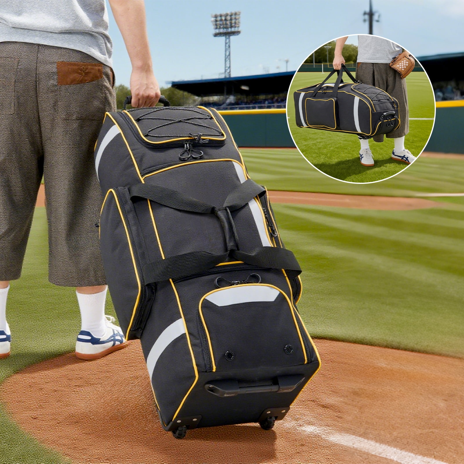 Large Catcher Gear Bag With Wheels, Soft Rolling Baseball Bag for 4 Bats, Portable Baseball Catcher Bag With Wheels, Multi-Pockets, Fence Hook, Holds All Softball Baseball Equipment (36x12x12inch)