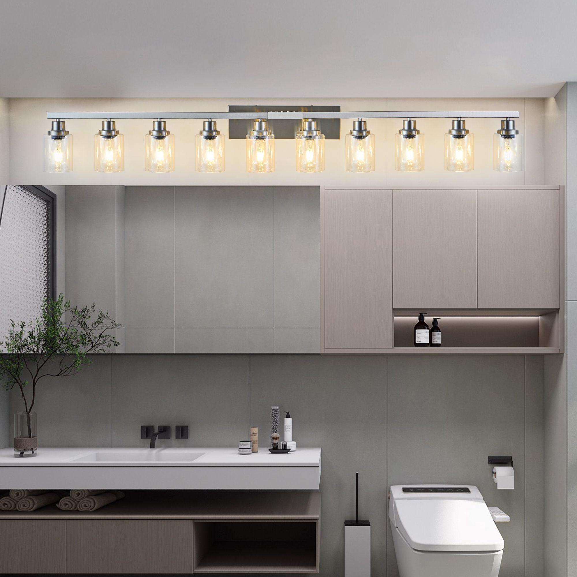 65 Inch Brushed Nickel 10-Light Bathroom Vanity Light Fixture, Modern Wall Sconce with Clear Glass Shades for Over Mirror, Hardwired Mount, Industrial Bathroom Lighting, Bulbs Not Included