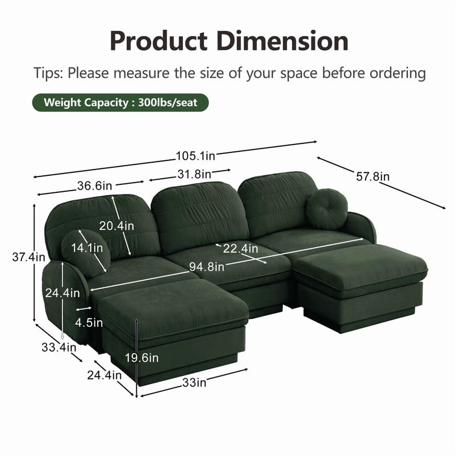Chenille Modular Sofa with Ottomans, 3-Seater Deep Seat Cloud Couch, Convertible Sectional Sofa with Quilted Cushions & Round Pillows, Modern Sofa for Living Room, Apartment,Green