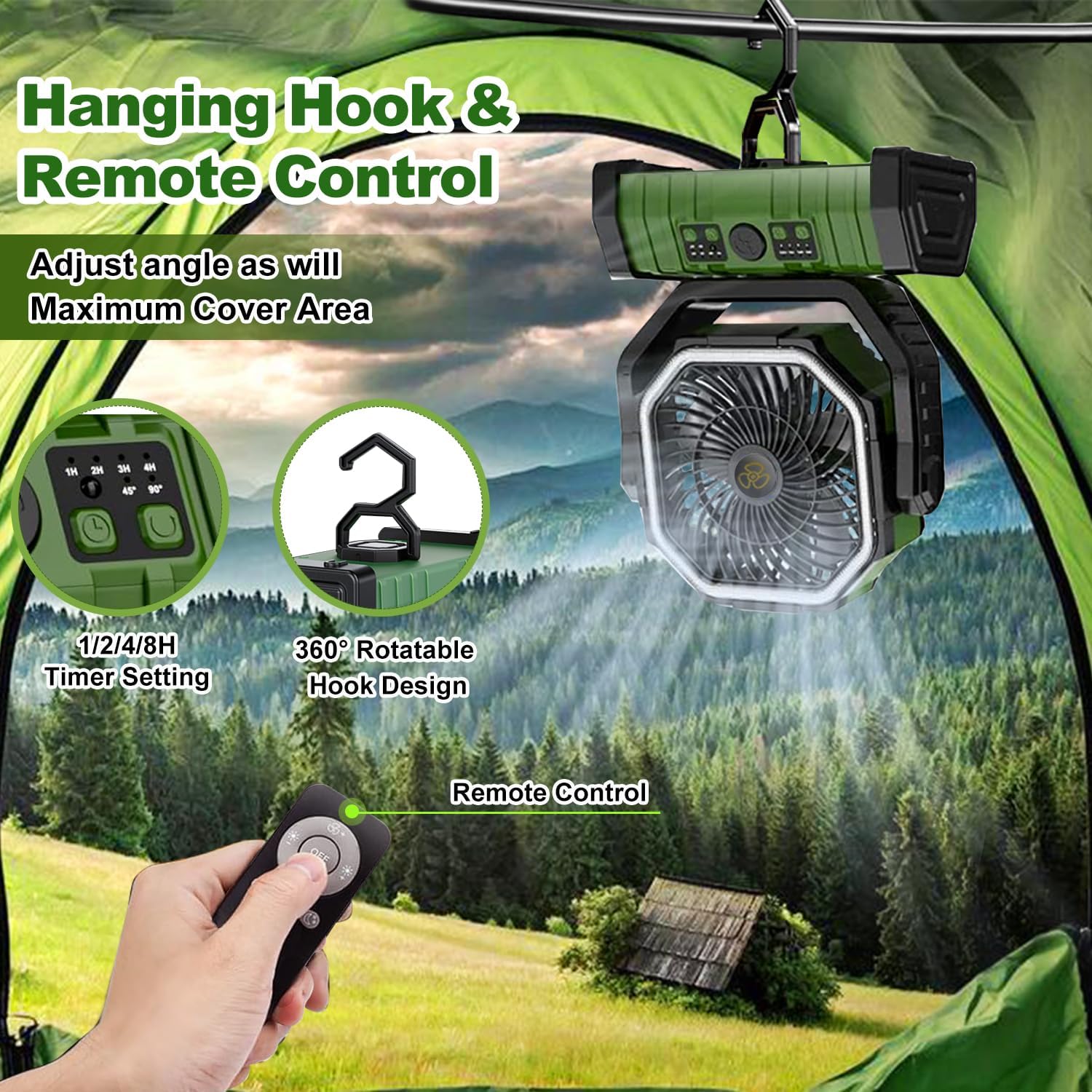Camping Fan Rechargeable, F6 20000mAh Portable Outdoor Fan with LED Lantern, Cordless Battery Powered Operated , 360 °   Hanging Hook , 4 Speeds Desk Fan for Travel , Tent , Fishing , Beach (Green)