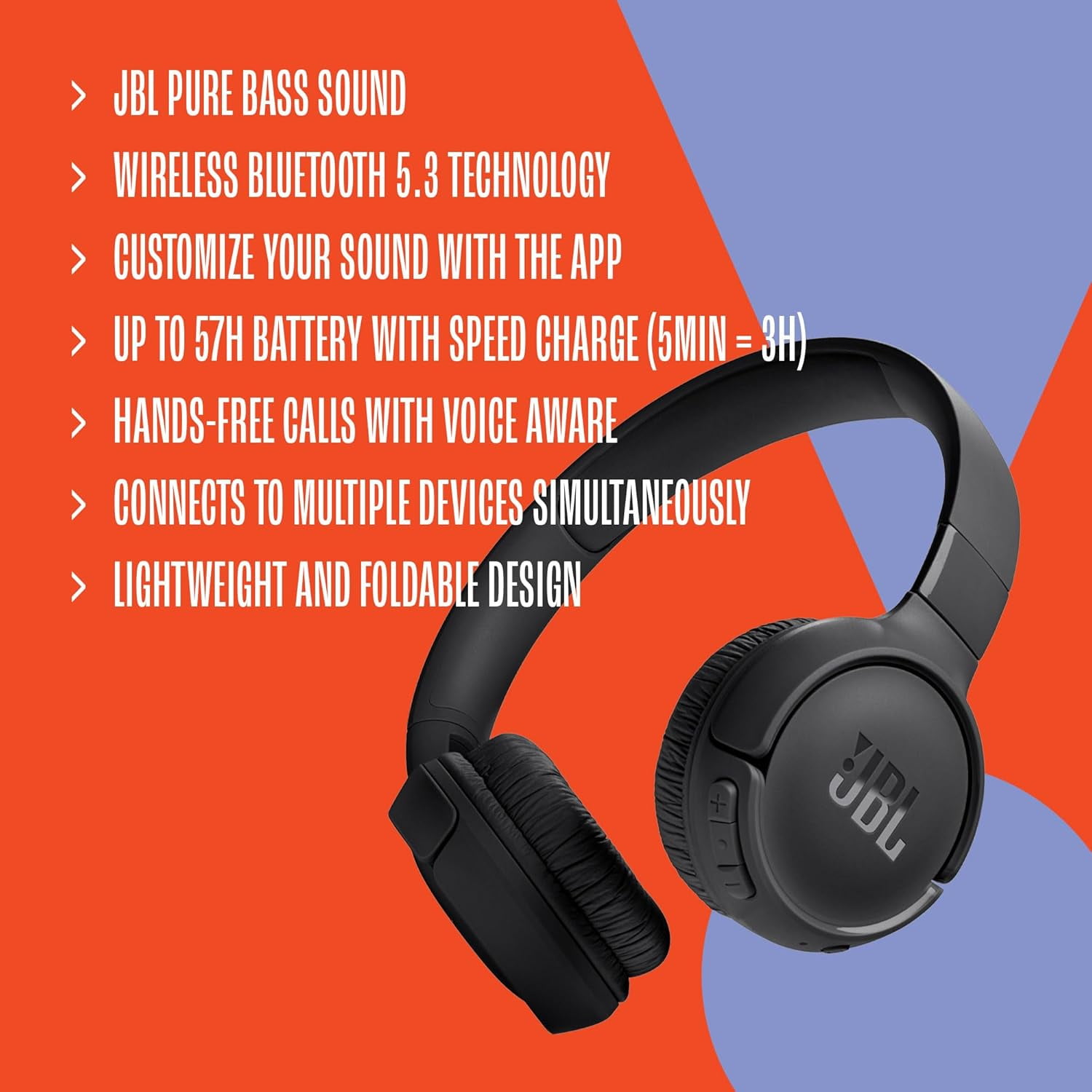 Open Box JBL Tune 520BT - Wireless on-ear headphones - Immerse in JBL Pure Bass sound wherever you go. - Blue