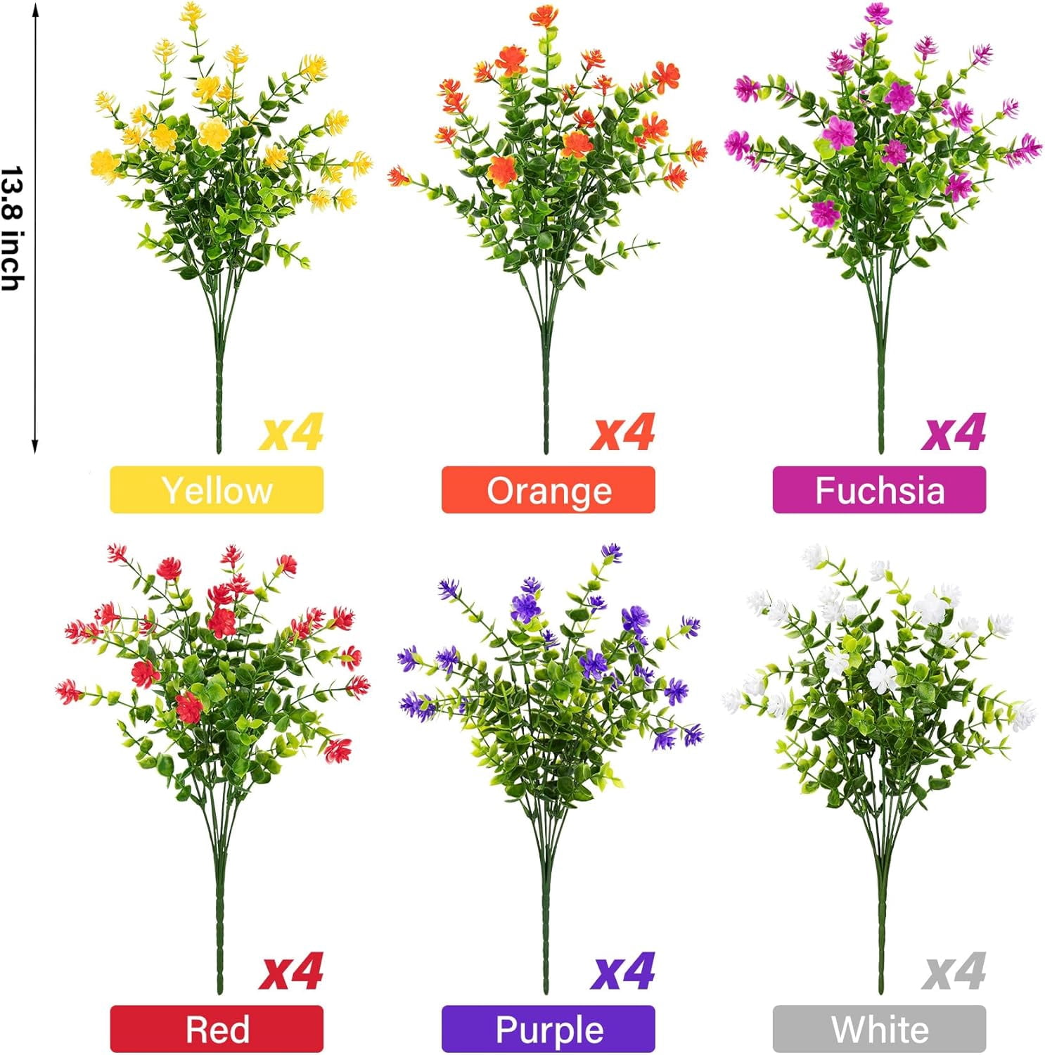 24 Bundles Artificial Flowers for Outdoors Decoration Fake UV Resistant Faux Plastic Greenery Eucalyptus Plants Spring Summer Garden Patio Indoor Outdoor Home Decor, Multicolor