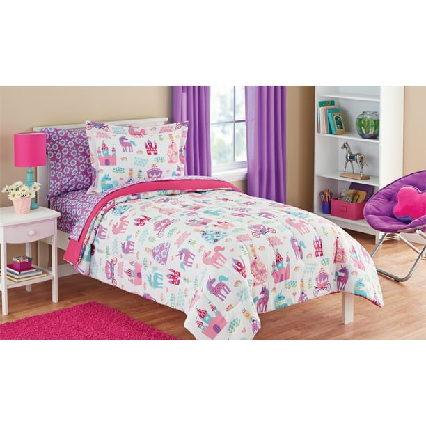 Mainstays Kids White Pretty Princess 5 Piece Bed In A Bag Bedding Set With Sheet Set Twinxl Walmart Com Walmart Com