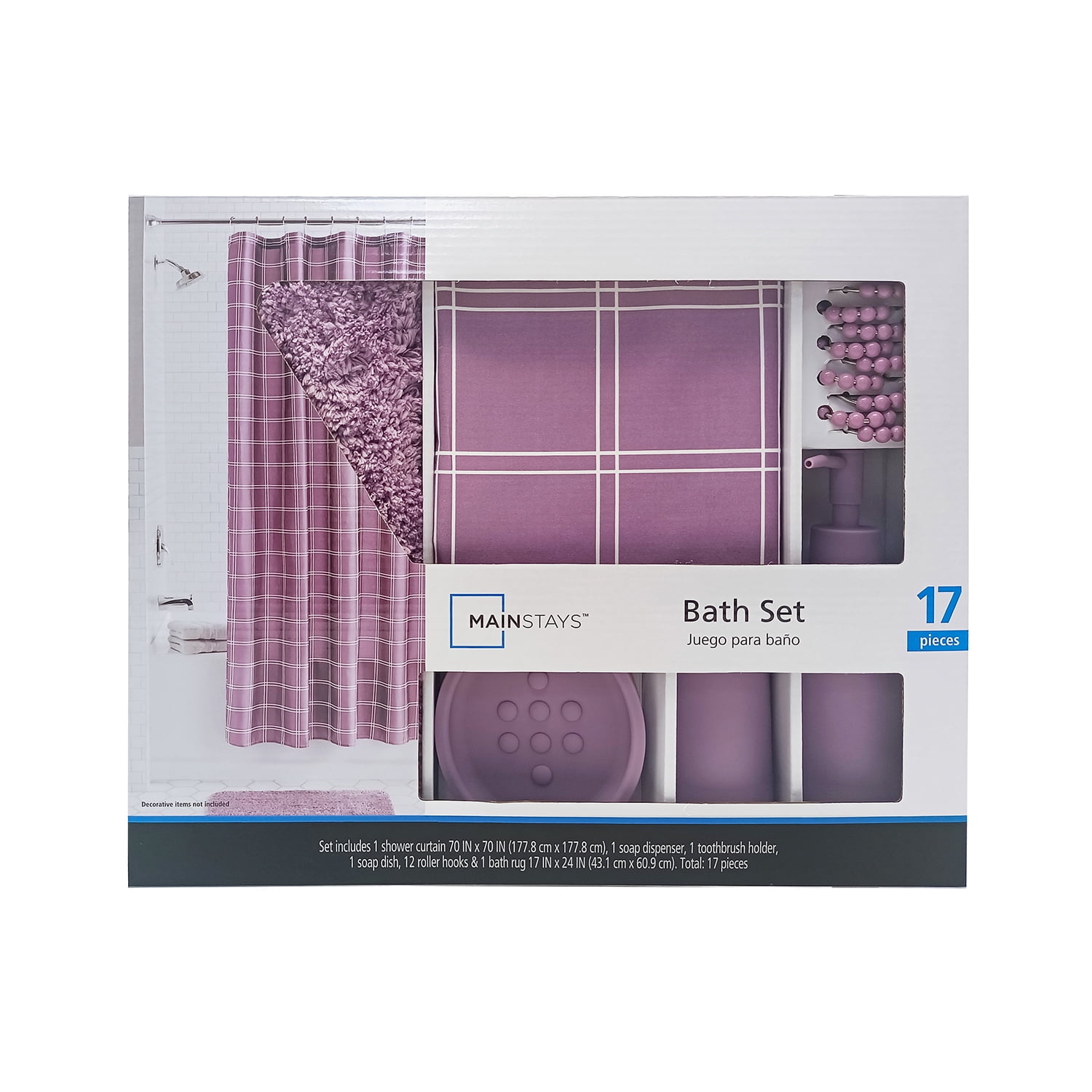 Mainstays 17-Piece Purple Plaid Polyester/Plastic Shower Curtain & Bathroom Accessory Set