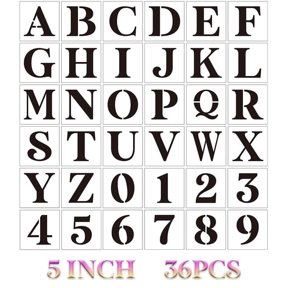 Plantillas de letras de 5 pulgadas para pintar sobre madera, 36 plantillas de letras, alfabeto, números, plantillas para carteles de pared de madera, puerta, porche, tela