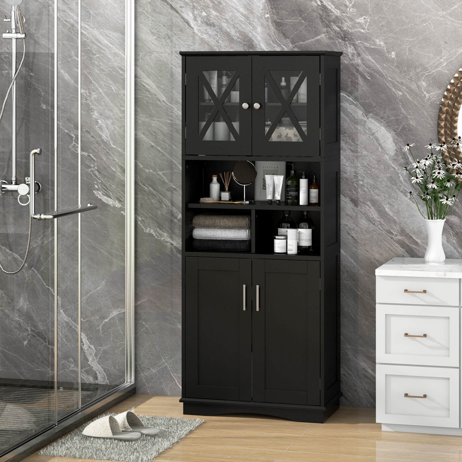 Costway Tall Bathroom Cabinet Large Floor Storage Cabinet with Acrylic Doors & 3 Cubes Black