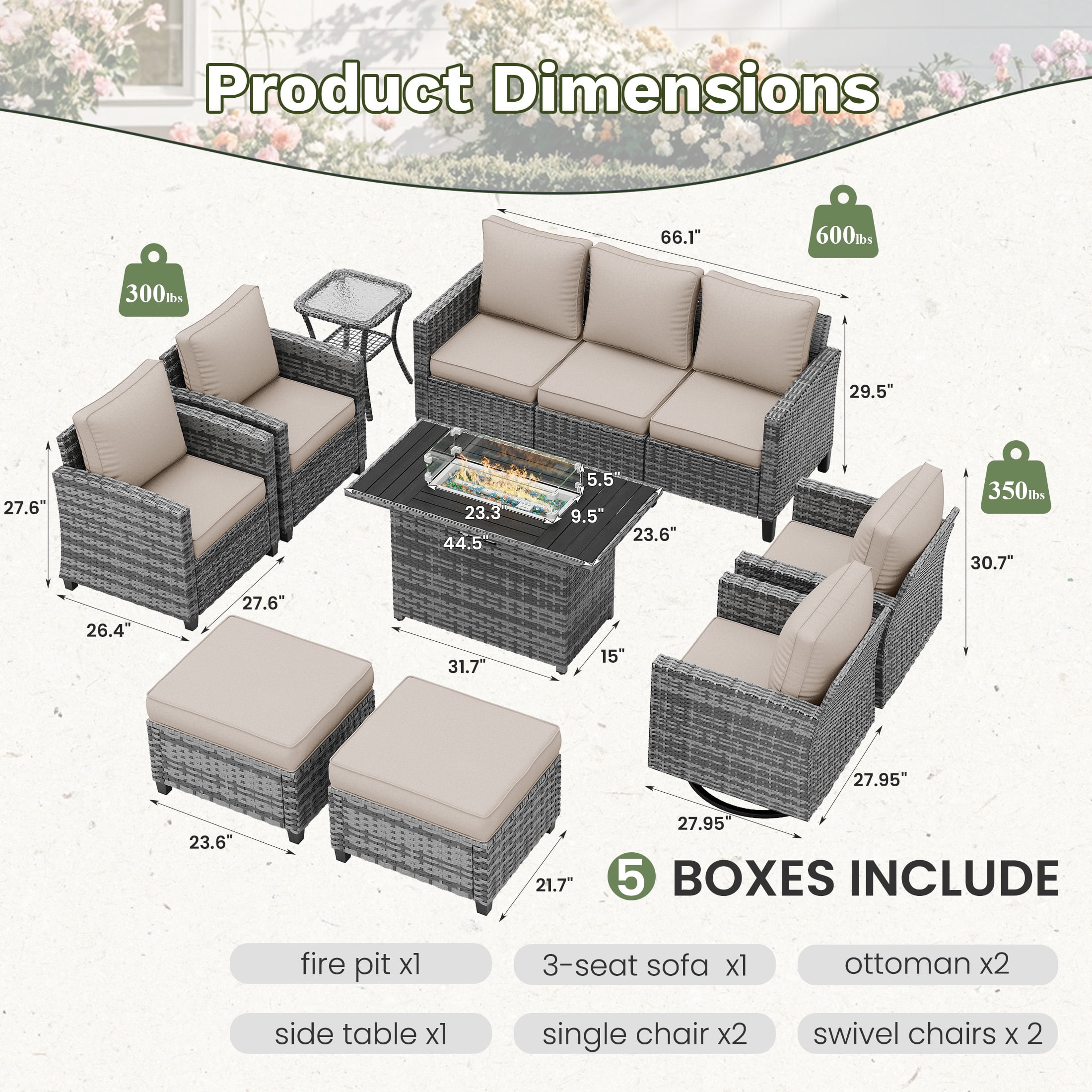 POTEBAN Patio Furniture Set with 44" Fire Pit Table, 9 Pieces Outdoor Sectional Conversation Sets with Swivel Chair & Ottoman for Garden Backyard Deck, Khaki