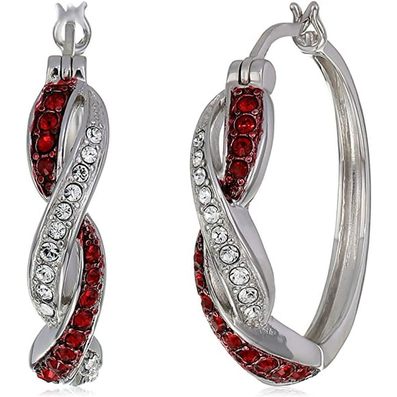 Collection Rhodium Plated Sterling Silver Ruby-Colored and White Swarovski Crystal Twisted Hoop Earrings