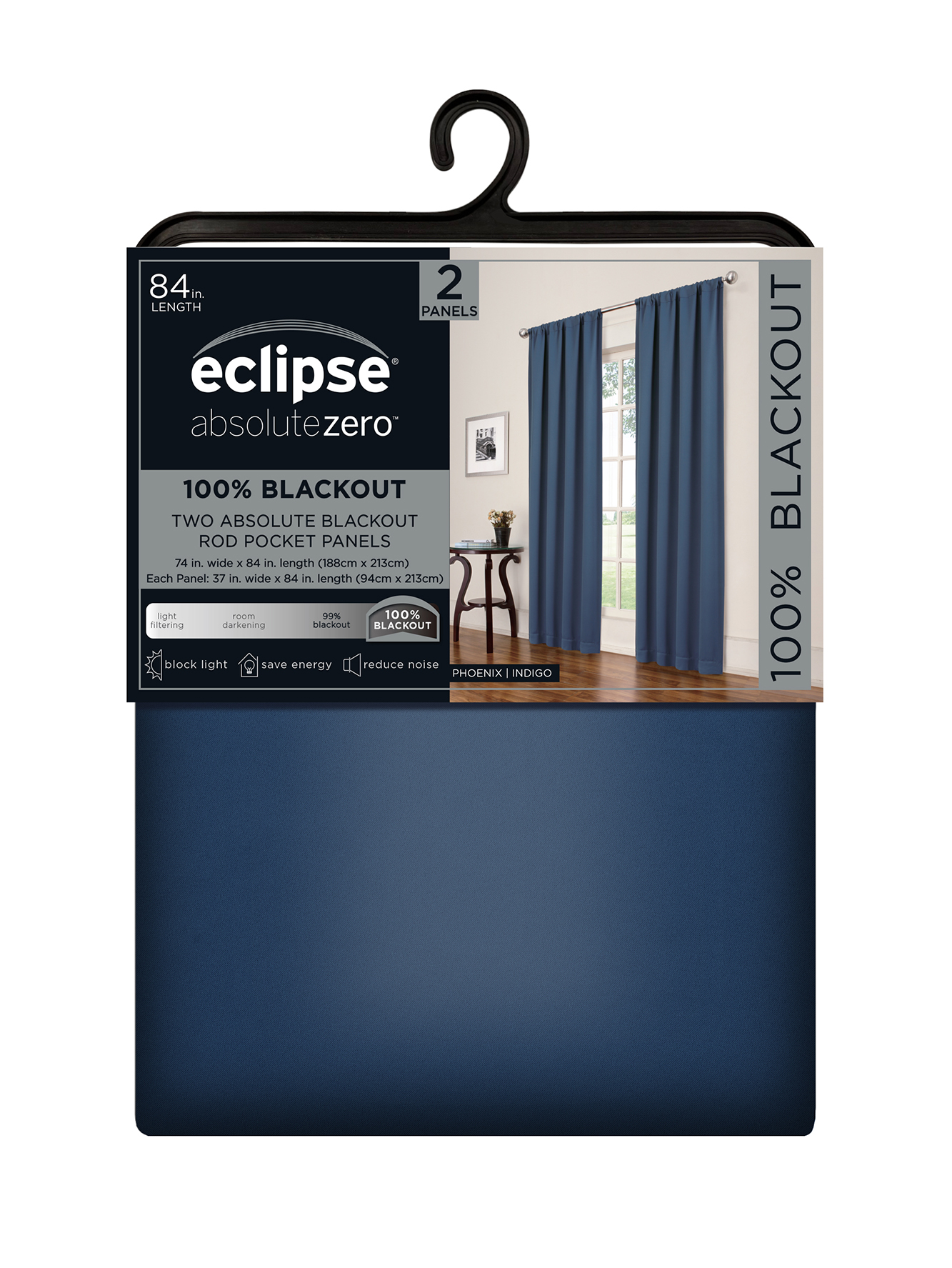 Eclipse Phoenix Blackout Curtain Rod Pocket Panel Pair, Indigo Blue, 50" W x 84" L