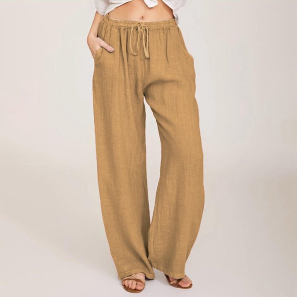 WILLBEST Pantalones Casuales de Mujer, Pantalones Anchos, Cintura Larga, Cordón Ajustable, Lino, Elásticos, Pierna Lisa, Cómodos para Uso Diario. XXXL