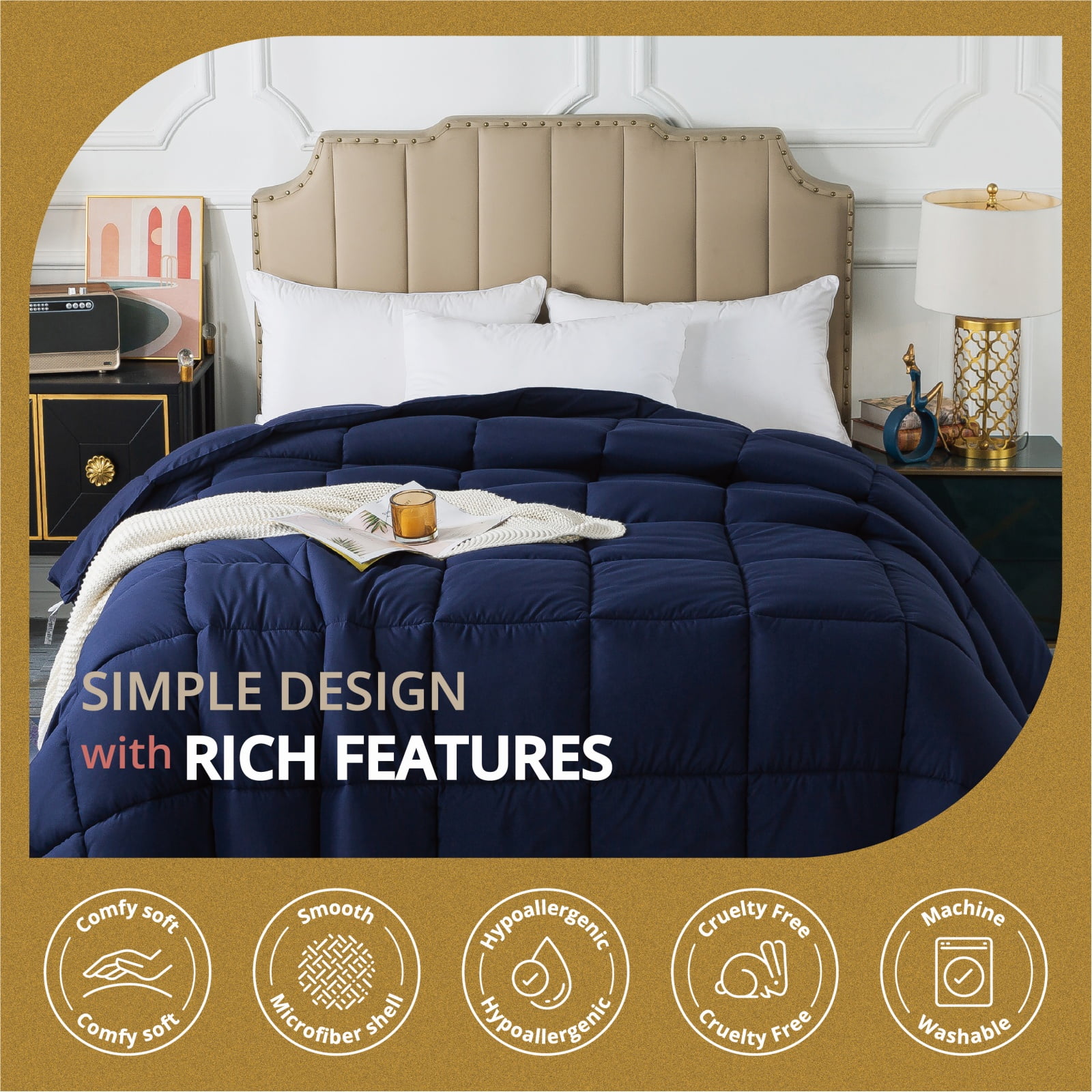 IGI Twin Comforter, Navy Blue | All Season Hotel Down Alternative Duvet Insert, Adult, Unisex, 64x88in