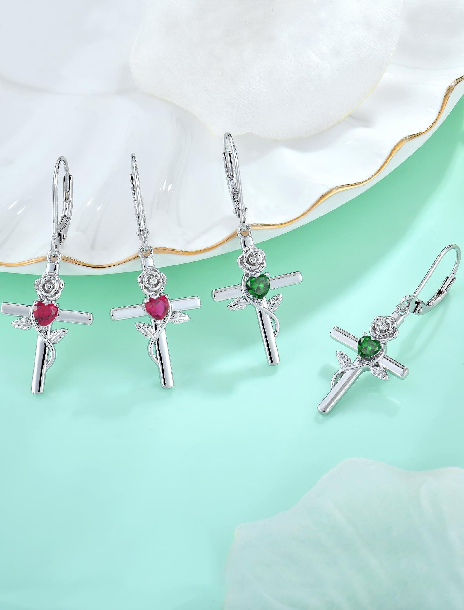 VESITIM Cross Earrings for Women Rose Flower Earring 925 Sterling Silver Dangle Drop Religious Jewelry Gift with Heart Created Emerald Birthstones
