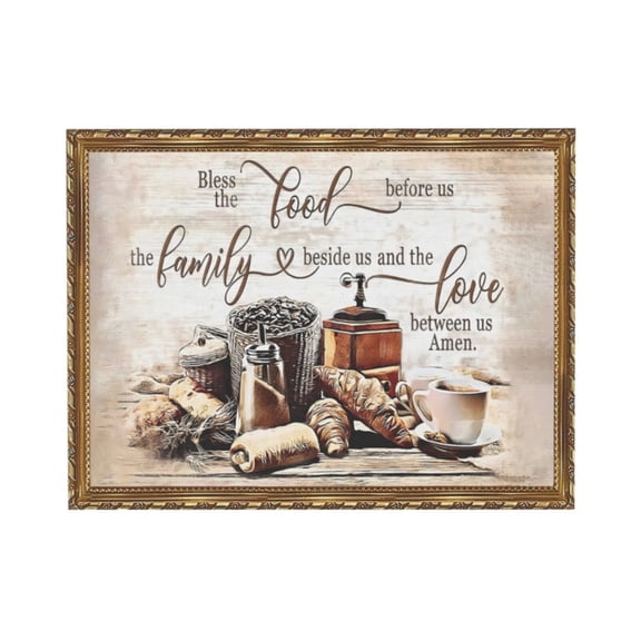 Aaekzj Coffee Large Wall Art Christian Coffee Wall Art Bless The Food Wall Decor Kitchen Pictures Canvas Prints Modern Artwork for Home Kitchen Dining Room Living Room Cafe 12x18in Gold Frame Plastic