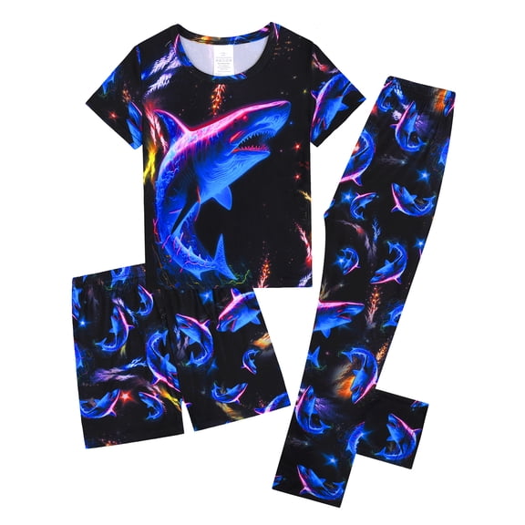 WIBACKER 3-12Y Boys Shark 3-piece Pajama Set Tee & Shorts & Pants PJ Kids Comfy Sleepwear Jammies Set Summer