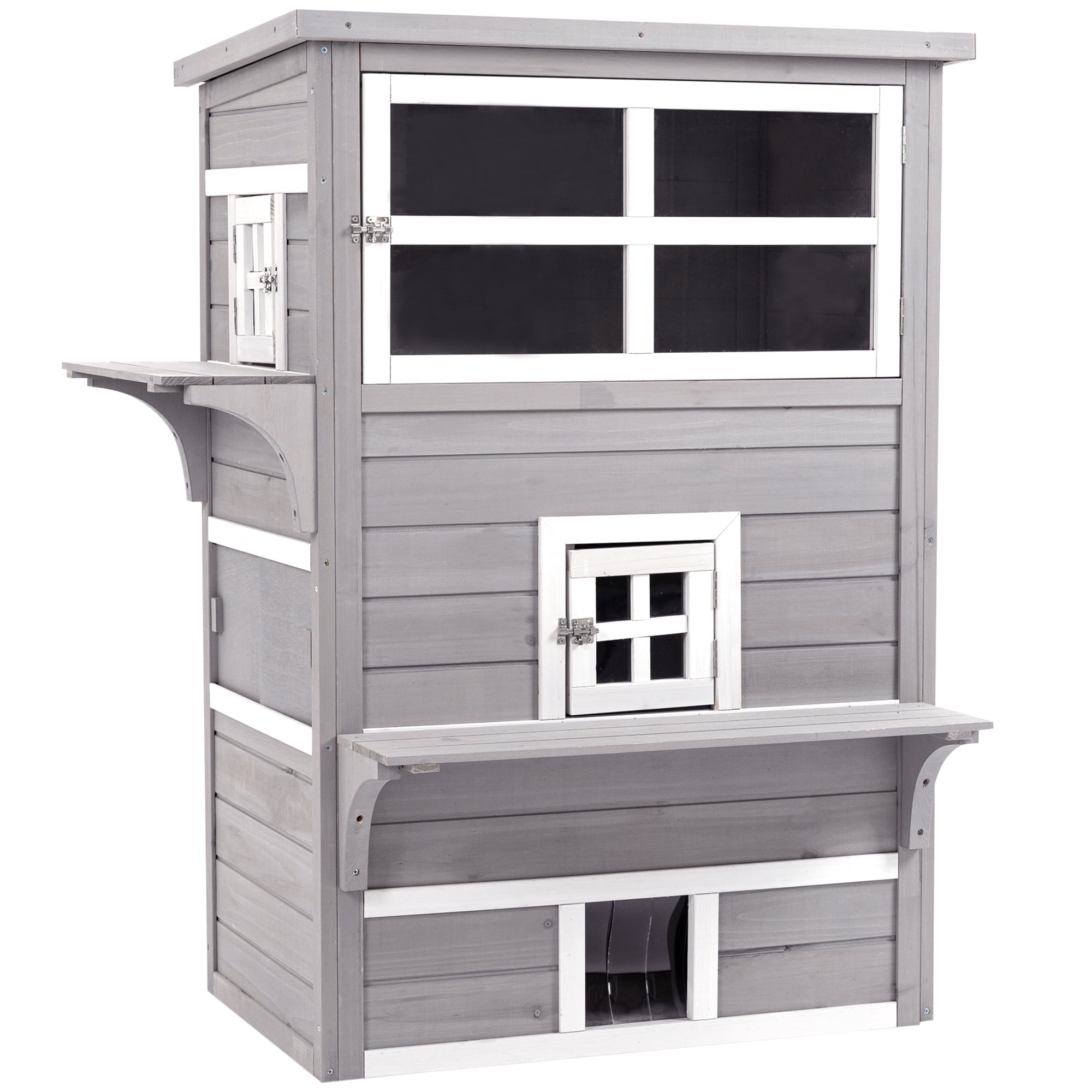 PawHut 3-Level Outdoor Cat House Shelter for Feral Cats Kittens w/ Raised Floor, Asphalt Roof, Escape Doors, Jumping Platforms in Grey