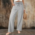 thumbnail image 4 of Bloomae Women Wide Leg Flowy Drawstring Palazzo Linen Pants Beach Lightweight Casual Elastic High Waisted Loose Comfy Trousers with Pockets Gray L, 4 of 6