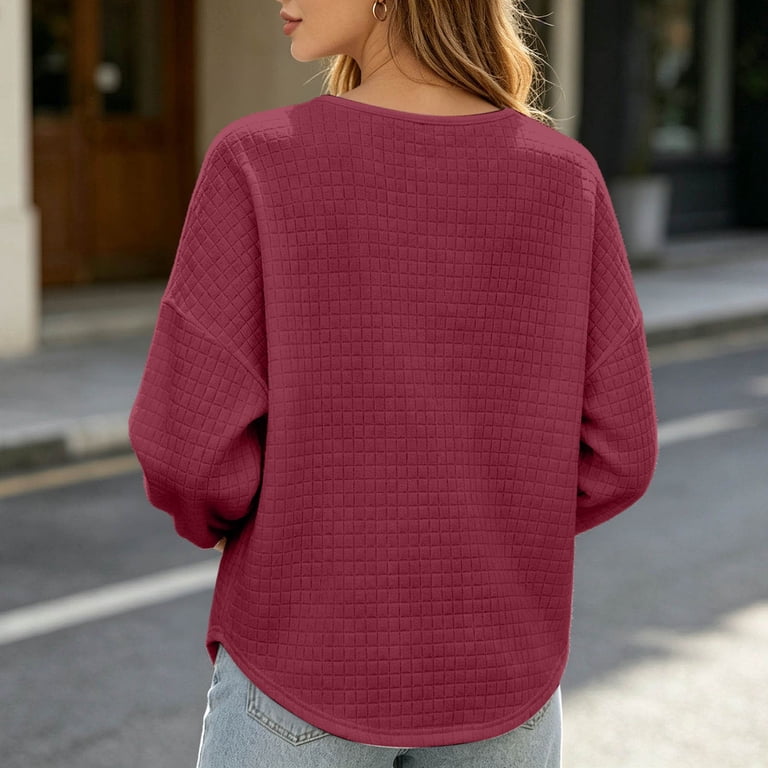 Rd2 ZHOGXU Womens Waffle Knit Sweatshirts Long Sleeve Quarter Button ...