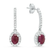 PARADE OF JEWELS Sterling Silver 6x4mm Oval Shape Genuine Ruby and White Topaz Drop Earrings