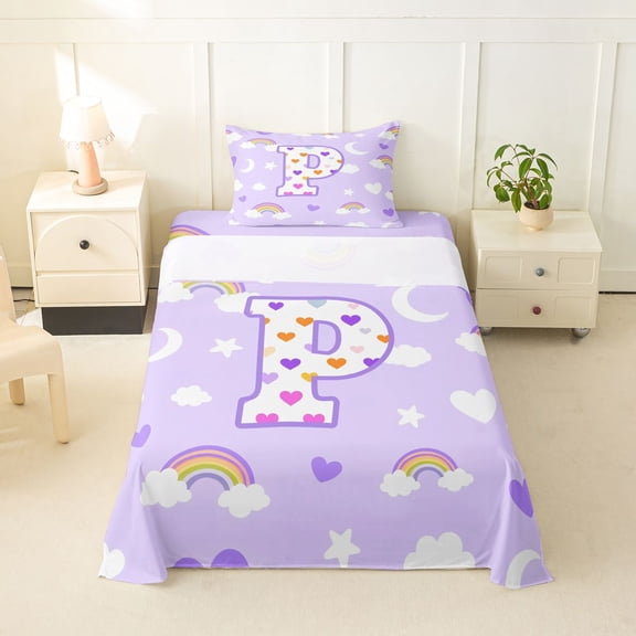 Castle Fairy Rainbow Letter P Twin Sheet Sets 3pcs for Kids,Pastel Pattern Bedding for Girls