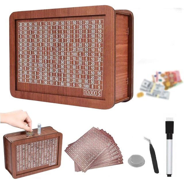 Eoozwa Wooden Cash Money Saving Box with Counter and Money Targets, Large Savings Challenges Box for Coin and Cash Storage, Savings Tracker with Numbers