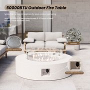 VENTOPYR Outdoor Propane Fire Pit Coffee Table w Terrazzo White 40.5-inch Round Base Patio Heater, Wind Guard, Transparent Gray Fire Glass, Rain Cover