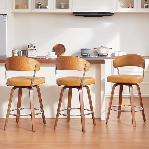 26" Smooth Swivel Bar Stools Set of 3, Faux Leather Thick Upholstered Counter Height Bar Stools, Sturdy Walnut Legs Barstools for Kitchen Counter, Modern Brown