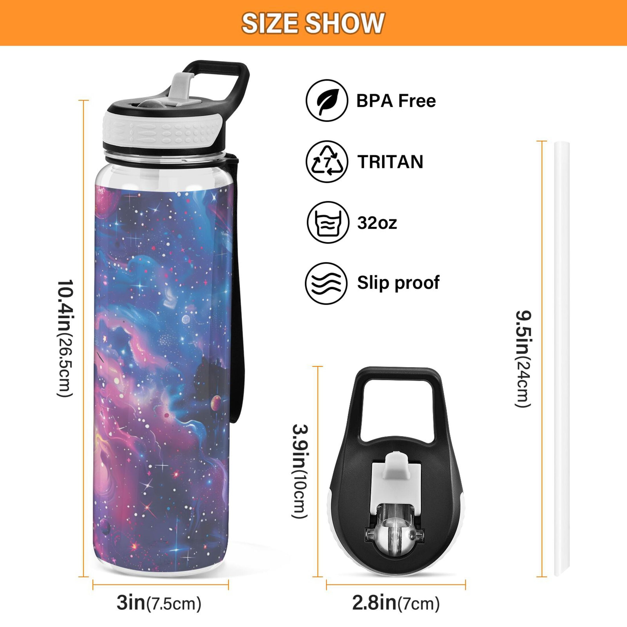 Surreal Stars Planets Galaxy Transparent Sports Water Bottle with Straw BPA Free Tritan 32oz for Kids Adults Capming Sports Gym School