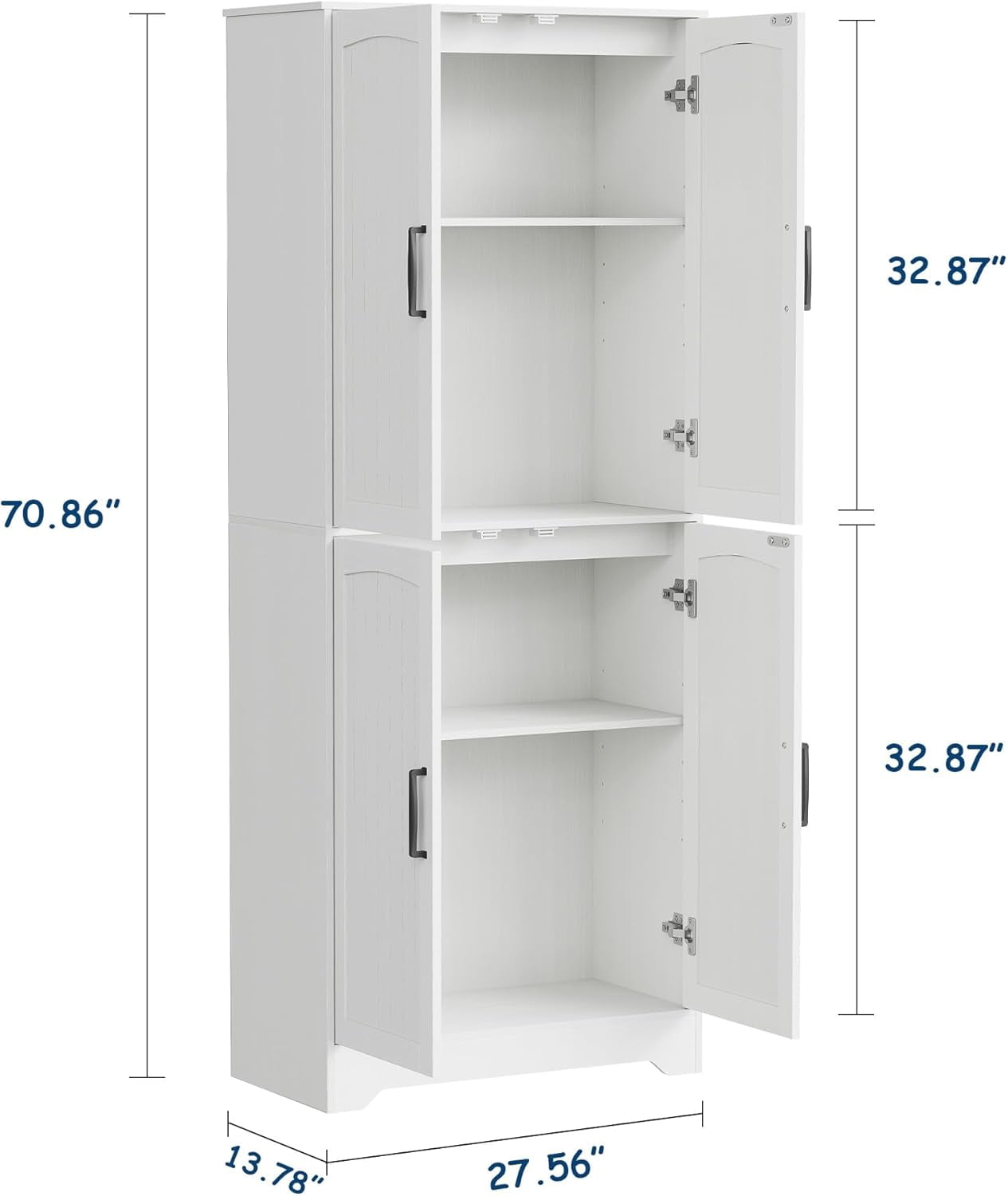 71" Tall Farmhouse Kitchen Pantry Cabinet – Freestanding Wood Storage Cupboard with 4 Doors & Adjustable Shelves for Dining or Living Room, White