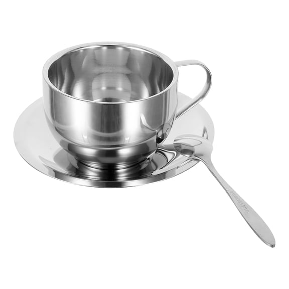 AURARMLET Stainless Steel Cappuccino Mug Set Silver Insulated with Matching Saucer 1Set