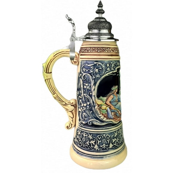 Chope de Bière Allemande 1,5 Litre, Édition Limitée 2021 Père Rhine et Mère Mosel Stein (cobalt), Peinte à la Main, Couvercle en Étain