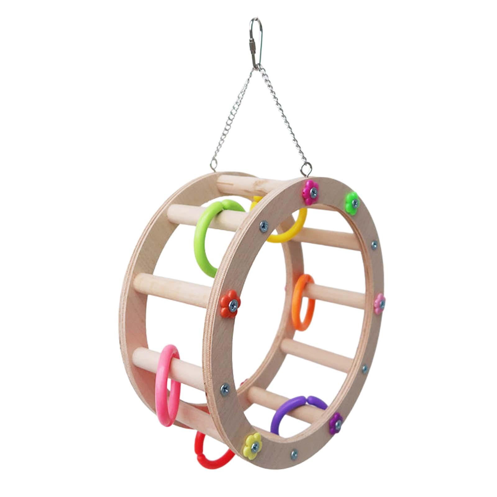 Tooyful Wooden Bird Wheel Toy Macaws Hanging Cockatoos Hanging Toy Bird Perch Stand Toy Nibbling Parakeet with Clorful Rings Parrot Chewing Toys diameter 22cm