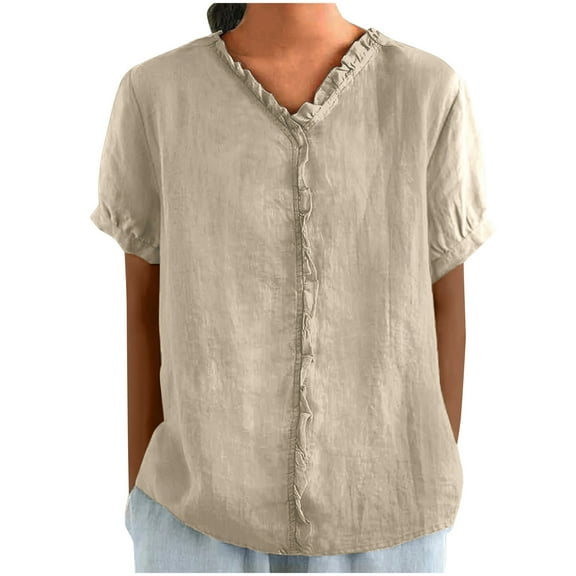 Ohufall Cotton Linen Shirts for Women Fashion Casual Short Sleeve Ruffle V-Neck Blouses Summer Solid Color Beach Shirts