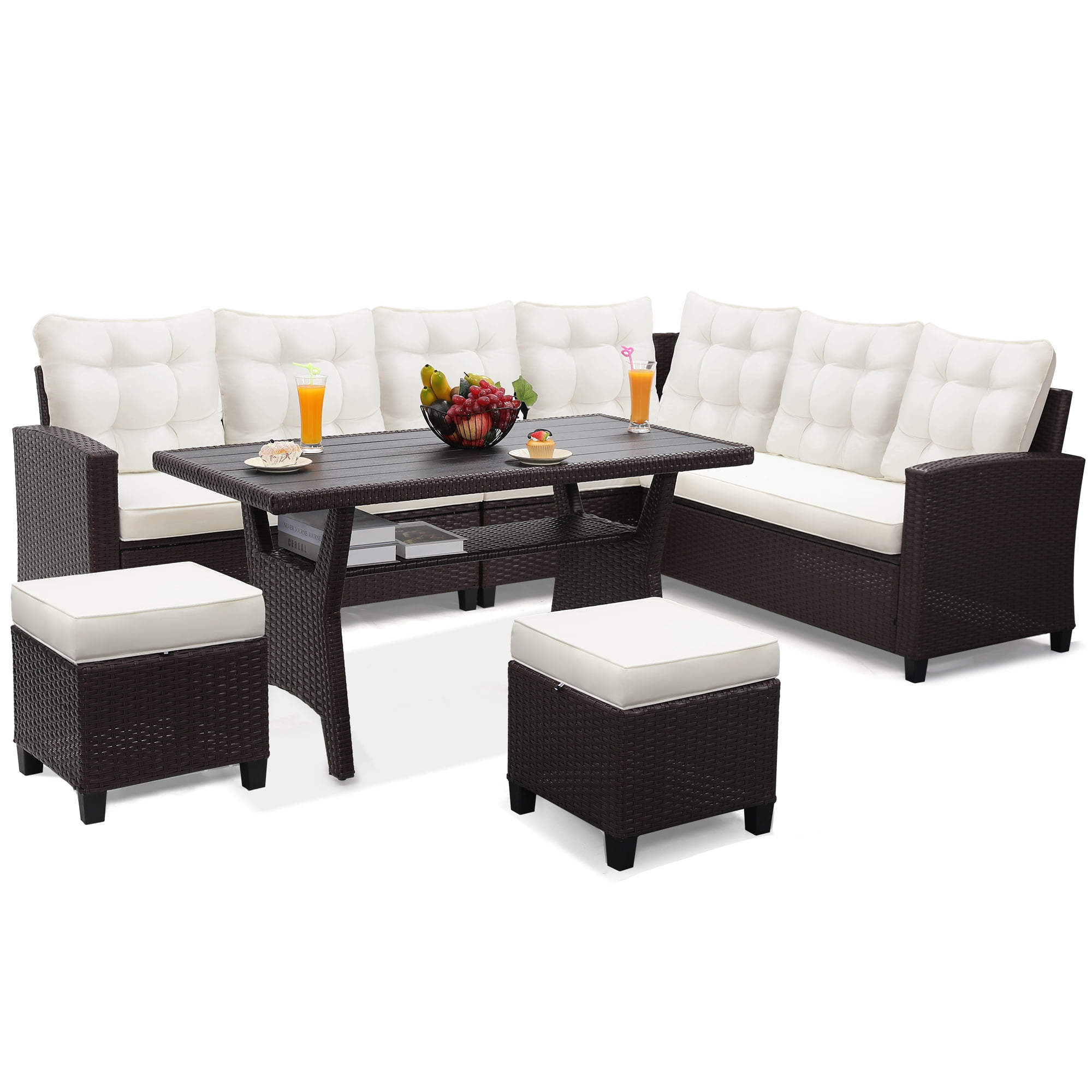 Melocadol 6 Piece Patio Sectional Set, Outdoor Conversation Furniture Set with 2 Sofas, 2 Ottoman, Table, Perfect for Patio, Deck or Poolside, Brown Wicker and Beige Cushions