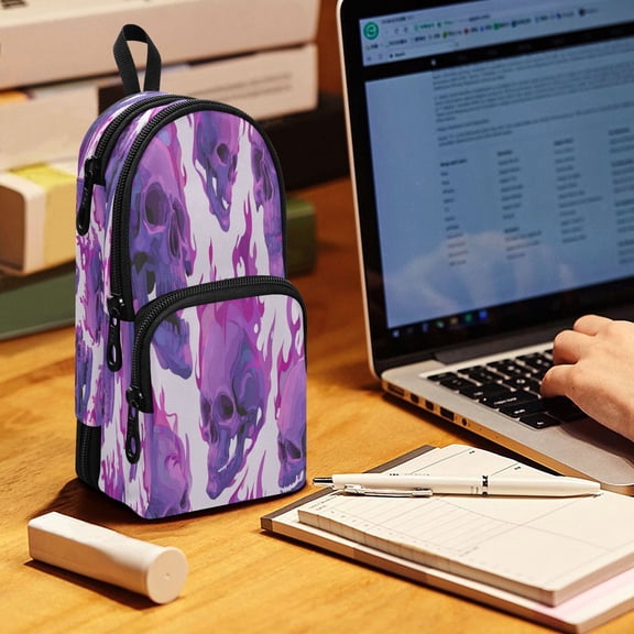 Backpack Pencil Case, 3 Compartment Large Capacity Oxford Fabric Pencil Pouch / Skulls with Purple Flames
