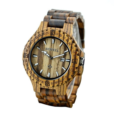 BEWELL High Quality Lightweight Unique Wood Simple Luminous Wristwatch Trendy Analog Quartz Men Watch with Calendar Zebrano (Best Quality Wood Watches)