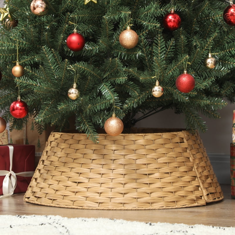 Alvantor Christmas Tree Collar, Rustic Woven Tree Skirt Alternative with Plastic & Metal Frame 26.8"x26.8"x8.7" Natural