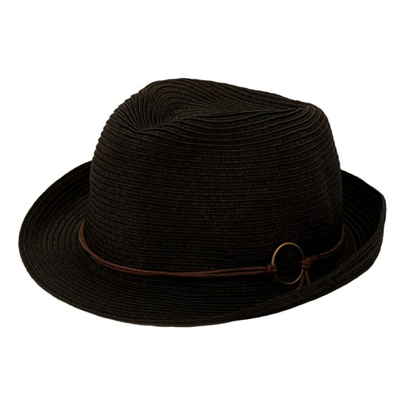 Women's Packable Classic Fedora, Black, Summer Beach Hat UPF 50 Fine Braid Straw