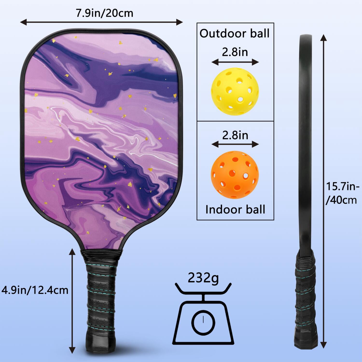 Pickleball Paddles Set Of 1, Fiberglass Surface, Liquid & Marble Print, 1 Paddles, 2 Balls & Bag