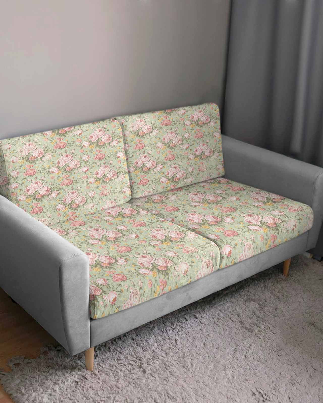 Pink Flowers Couch Cushion Covers,Stretch Seat Cushion Covers for Sectional Sofa,Green Country Botanical Floral Leaves Loveseat Sofa&nbsp;Slipcovers Furniture Protector with Elastic Straps 1Pcs, M