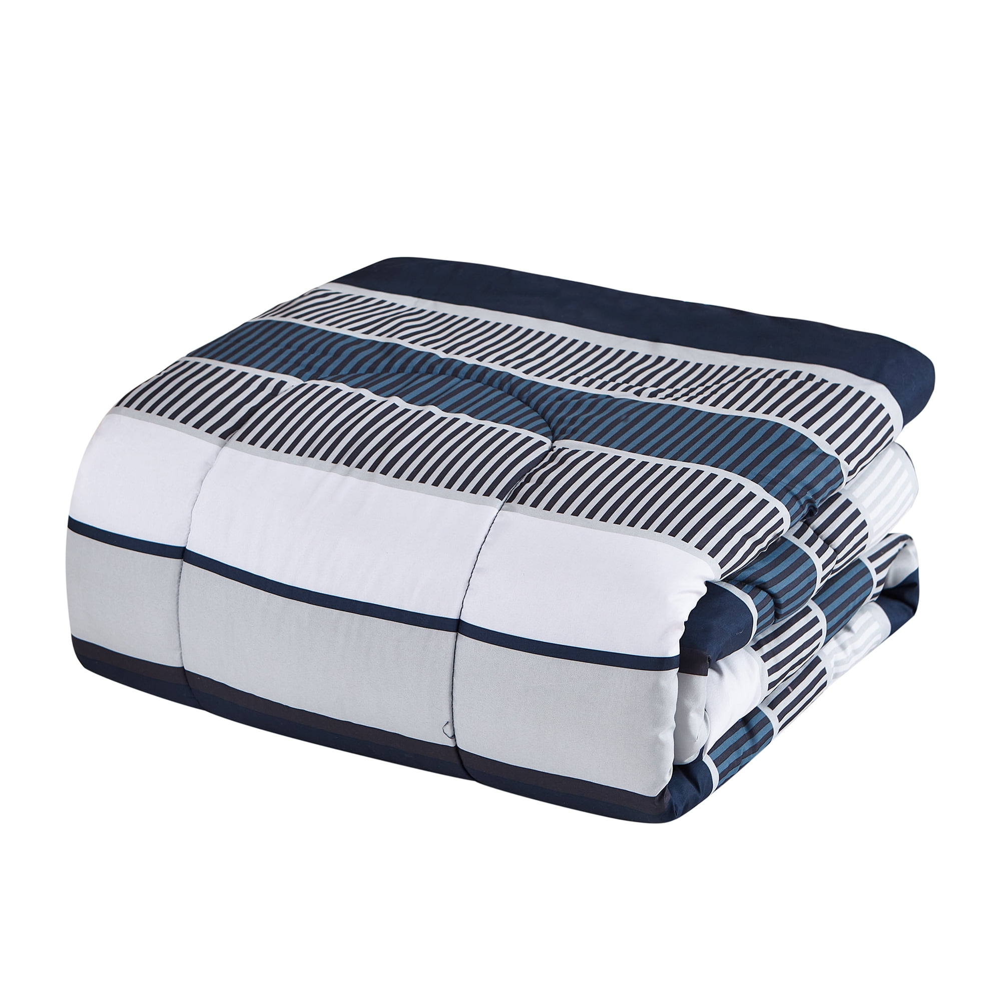 Chaps 8-Piece Stripe Bedding Comforter Set - Bed in a Bag Reversible to  Solid - Blue - Size King 