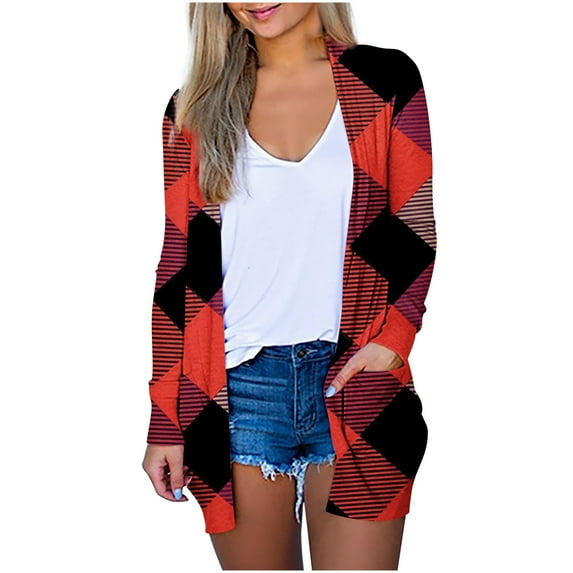 asdoklhq Womens Plus Size Coats Clearance Under $15.00, Woman Long Sleeve T-Shirt Autumn Open Front Christmas Cardigan Loose Outerwear Printing Blouse Coat Pockets Tops