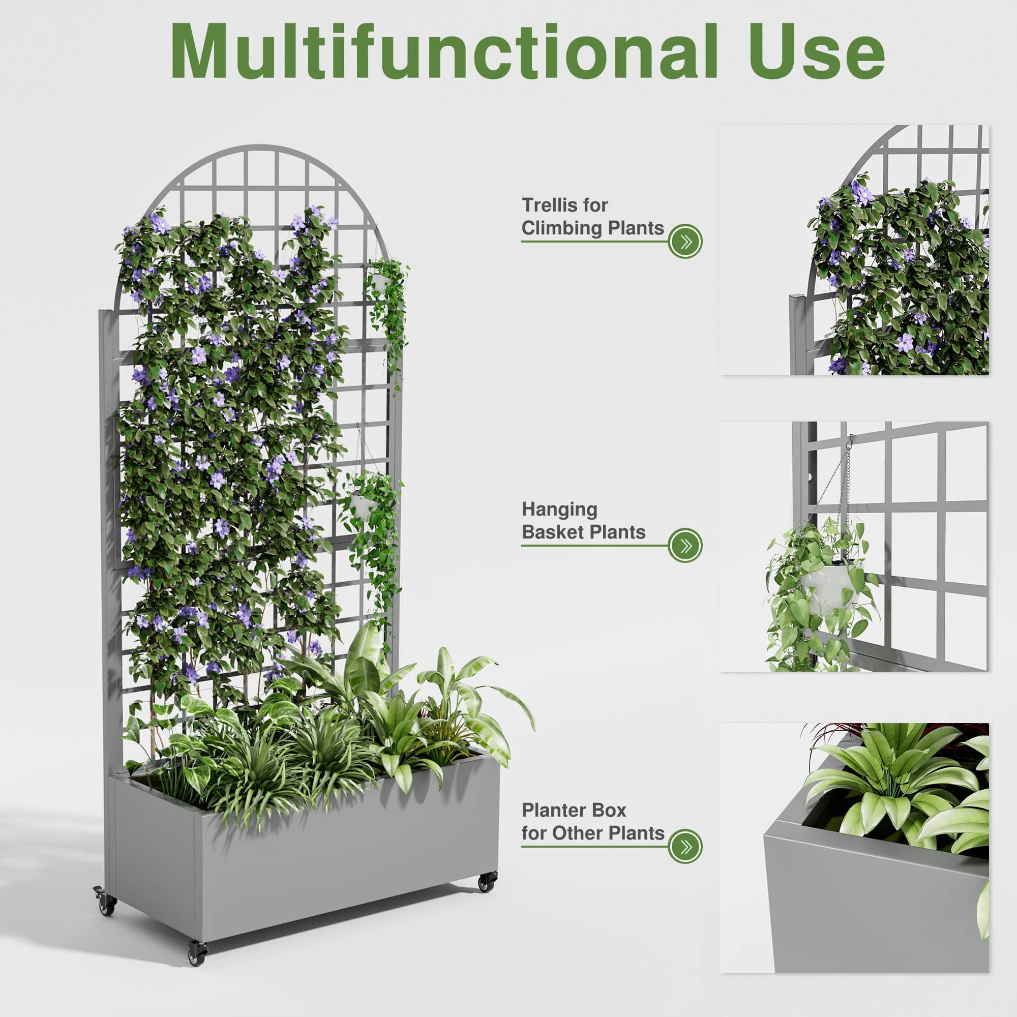 MAYEERTY 71" x 35" Metal Raised Garden Bed with Trellis Planter Box for Climbing Plants, Gray