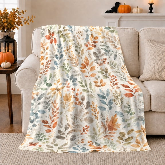 Watercolor Autumn Leaves Botanical Print, Cozy Pet Portrait Pattern, Warm Flannel Blanket for Ranch House and Living Room, Cat Lovers Thanksgiving Gift, Pet Lover Home Decor