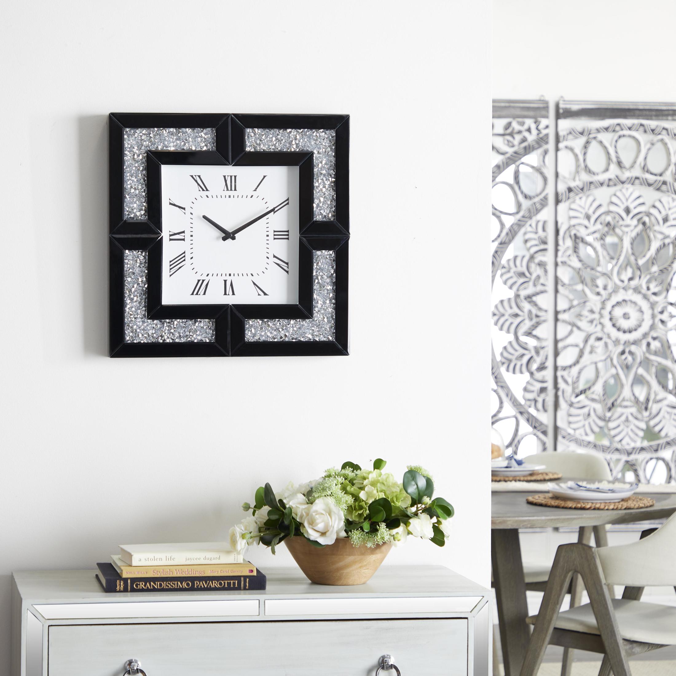 DecMode 20" Black Glass Mirrored Wall Clock with Floating Crystals