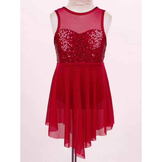 Mufeng Robe Sans Manches à Sequins Croisés pour Filles, Justaucorps de Ballet Lyrique, Robe de Danse Moderne Bourgogne 14