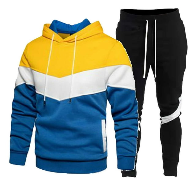 toraway Mens Suits Slim Casual Male Hooded Sweatshirt and Sweatpants Two Piece Sweatshirt Set with Color Block Design S