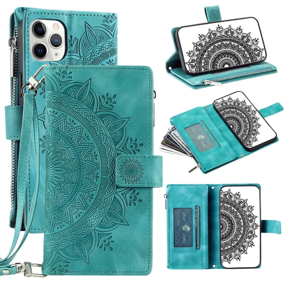 Feishell Zipper Wallet Case for iPhone 11 Pro,for Women Men,Stylish Embossed Pattern PU Leather Multi Card Slots Magnetic Clasp Flip Kickstand Crossbody Phone Case with Shoulder Strap,Green