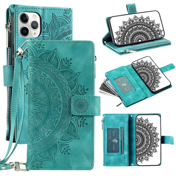 Feishell Zipper Wallet Case for iPhone 11 Pro,for Women Men,Stylish Embossed Pattern PU Leather Multi Card Slots Magnetic Clasp Flip Kickstand Crossbody Phone Case with Shoulder Strap,Green